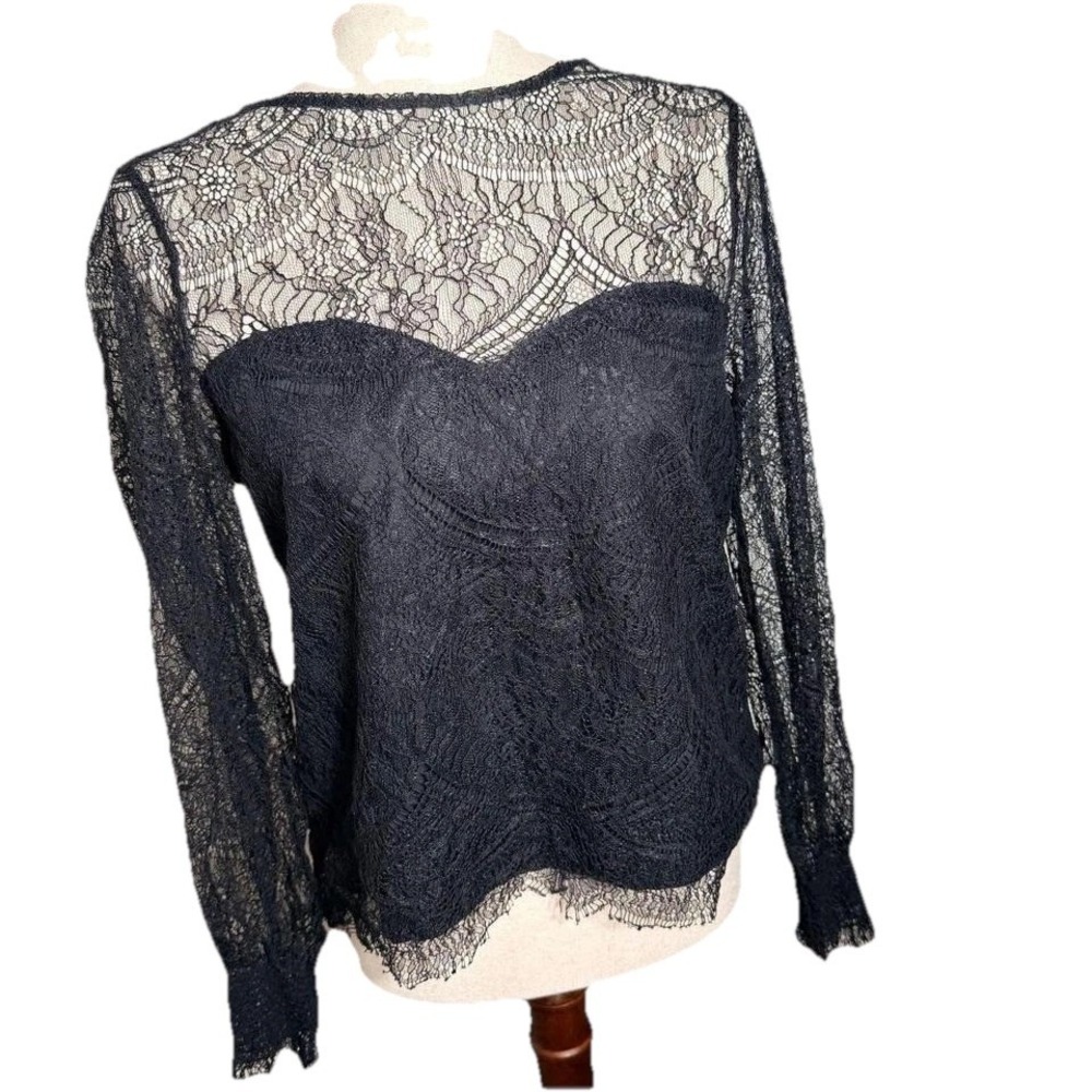 Black Lace Long Sleeve Sheer Keyhole Back Top Blouse